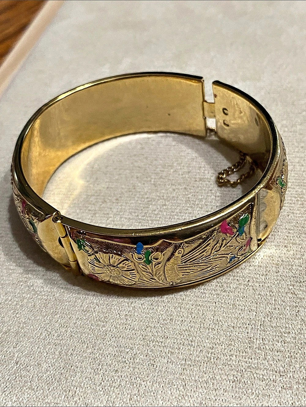 Engraved Floral Bird Cuff Bracelet in Gold